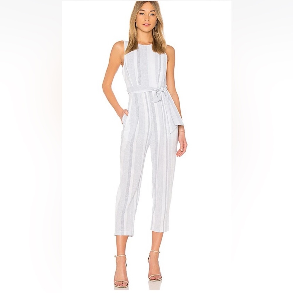 ASTR Presley Linen Blend Sky Blue Stripe Cutout Tie Waist Jumpsuit Size S